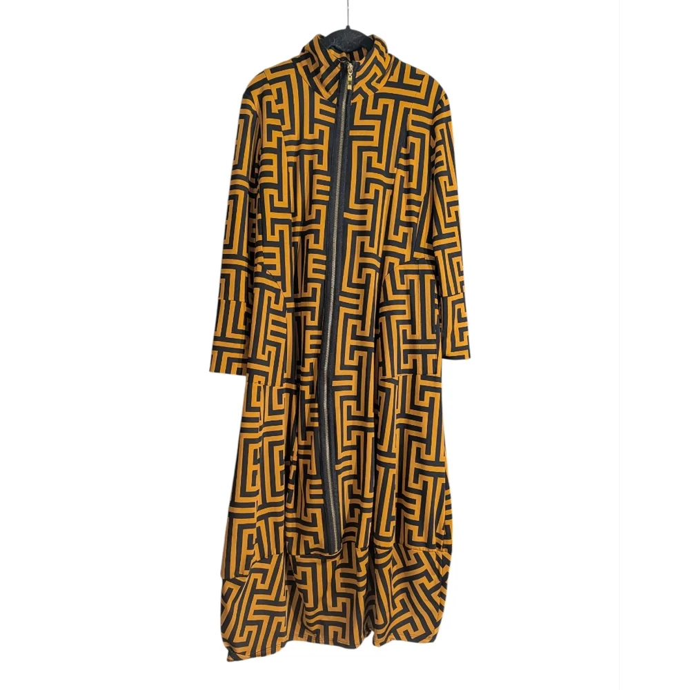 Avant Garde Geometric Print Bubble Hem Dress Zip Front Artwear Mustard Black M - Picture 3 of 9